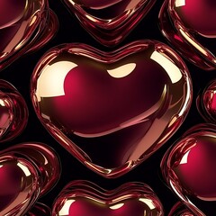 Poster - Close up view of a repeating pattern of glossy, heart shaped objects. The hearts are predominantly dark red and burgundy with a metallic, reflective sheen. The background is black, providing a stark