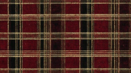 Poster - Red, black, and gold plaid textile texture. Detailed close up shot showing the intricate weave and subtle variations in color and pattern. The texture appears slightly rough and has a rustic or