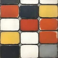 Poster - Rectangular paint swatches in varying shades of orange, yellow, white, gray and black are arranged in a grid pattern. The paint appears slightly distressed, with visible texture and wear. The