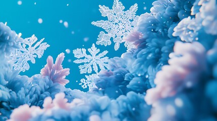 Leinwandbilder - Abstract winter scene with delicate white snowflakes falling against a backdrop of swirling pastel blue and pink clouds. The image evokes a serene, ethereal mood