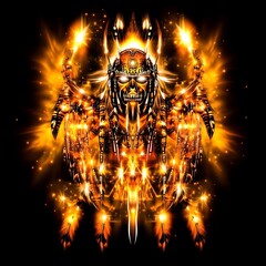Poster - Fiery demonic figure with glowing orange and yellow hues, intricate details, and a dark background. The image is digitally created with a focus on light and shadow effects