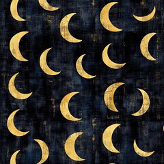 Poster - Seamless pattern with gold crescent moons on a dark blue textured background. The moons have a slightly distressed or aged look, adding to the vintage aesthetic. The background has a subtle, mottled