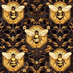 Poster - Golden bees on black honeycomb pattern, seamless texture, detailed illustration, intricate design, floral elements, luxury aesthetic, rich colors, elegant style, geometric shapes, repeating motif