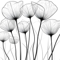 Poster - Close up view of a cluster of delicate, translucent flowers rendered in shades of gray and black against a white background. The flowers have a skeletal, almost ethereal quality, with fine lines