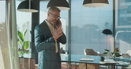 Aufkleber - Business, man and phone call negotiation in office for investment decision, funding deal or finance feedback. Financial investor, employer and talking to client for networking, stocks insight or news