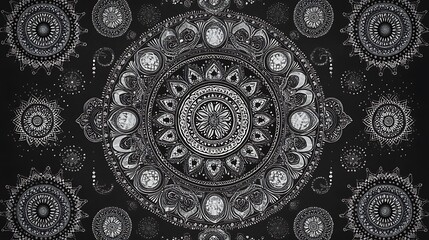 Poster - Intricate white mandala patterns on a dark background, radiating outwards from a central design. Smaller mandalas surround the central piece, creating a symmetrical and detailed design.  The overall