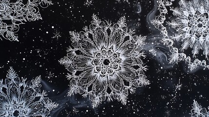 Poster - Abstract image featuring a large, intricate snowflake like design in white against a dark background. The background includes subtle gray swirls and speckles. The snowflake is highly detailed, almost
