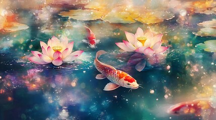 Leinwandbilder - Vibrant Koi fish swim among pink and white lotus blossoms in a serene pond. The water shimmers with colorful light and bokeh effects, creating a magical, dreamy atmosphere. The image is digitally