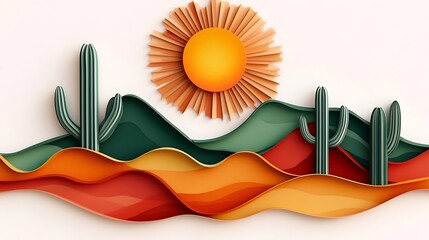 Poster - Layered paper art desert landscape with cacti, rolling hills, and a stylized sun. Warm color palette of oranges, reds, and greens. Clean lines and simple shapes. White background
