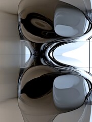 Poster - Abstract image featuring mirrored, metallic, biomorphic forms. The shapes are smooth, reflective, and exhibit a high gloss sheen.  Light plays across the surfaces, creating highlights and subtle