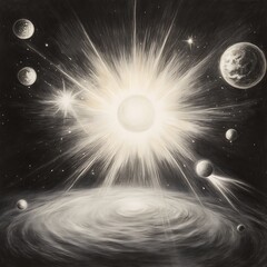 Poster - Monochromatic cosmic illustration depicting a radiant celestial body at the center, surrounded by planets and a spiral galaxy. The artwork is characterized by a dynamic burst of light emanating from