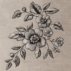 Poster - Monochromatic floral illustration on textured fabric background. Detailed black and white drawing of flowers and leaves on a neutral brown woven textile. The style evokes vintage botanical prints