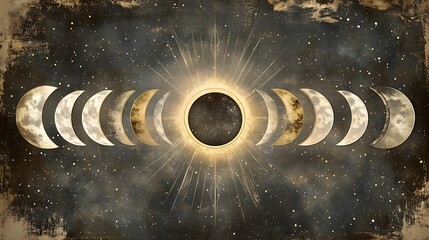 Leinwandbilder - Celestial artwork depicting the phases of the moon around a solar eclipse, set against a dark, starry background with a grunge texture. The moon phases are rendered in gold and beige tones, creating
