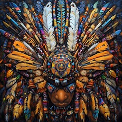 Poster - Close up view of an ornate headdress, rich in texture and color. The headdress is predominantly composed of feathers in shades of orange, brown, blue, and white, intricately arranged to create a