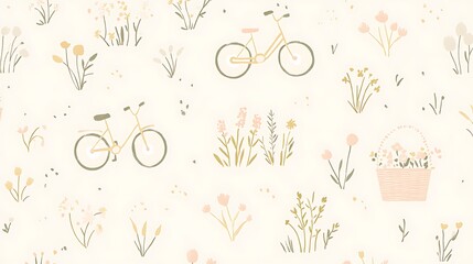 Poster - Pastel colored illustration of bicycles and flowers on a cream background. The image features a repeating pattern of simple, stylized bicycles and floral motifs in soft peach, beige, and olive green