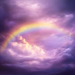 Leinwandbilder - A pastel rainbow arches through a dramatic sky filled with fluffy purple and pink clouds. The image evokes a feeling of hope and serenity