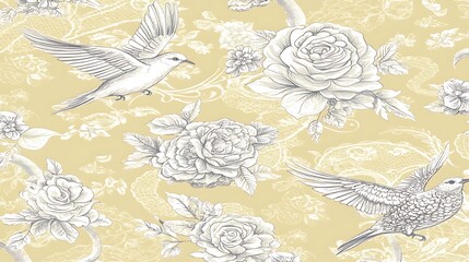 Poster - Pastel yellow background with black and white detailed illustrations of roses and birds. The design features a repeating pattern of delicate floral elements and flying birds, creating a vintage