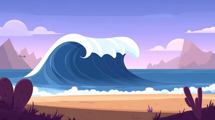 Poster - Pixel art landscape depicting a large, dark blue wave crashing on a sandy beach at sunset. Purple and pink hues dominate the sky, with silhouetted mountains in the background and cacti in the