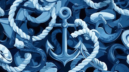 Poster - Detailed close up of a nautical themed pixel art design featuring a prominent anchor surrounded by intricately woven ropes in varying shades of blue. The image is rich in texture and detail, showing