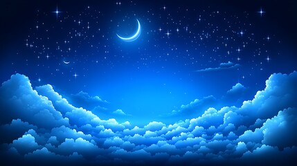 Poster - Pixel art depicting a serene night sky filled with fluffy blue clouds, a crescent moon, and twinkling stars. The scene evokes a peaceful and dreamy atmosphere