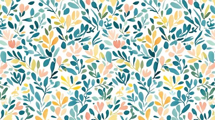 Poster - Seamless pattern with pixelated teal, yellow, and peach floral motifs on a white background. The design features various leaf and flower shapes in a repeating pattern