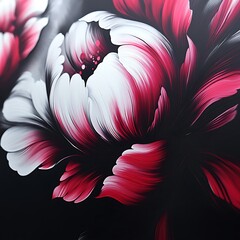 Poster - Close up view of stylized red and white flowers against a dark background. The image features a painterly style with visible brushstrokes, creating a textured and dramatic effect. The petals are