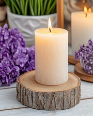 Poster - Beautiful arrangement of a candle and fresh flowers creating a romantic and inviting atmosphere