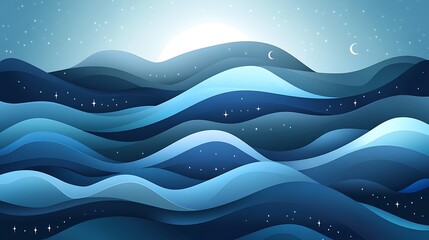 Poster - Abstract illustration of stylized blue waves under a night sky with a bright moon and stars. The waves are layered and create a sense of depth and tranquility. The color palette is primarily shades