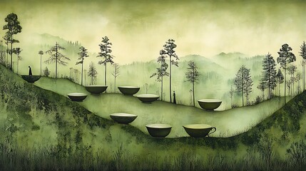 Poster - Serene landscape illustration featuring a series of smooth, bowl shaped forms nestled into rolling green hills. The scene is rendered in muted green and beige tones, with a soft, ethereal light and