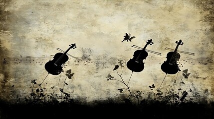 Leinwandbilder - Three silhouetted violins appear to float above a textured background reminiscent of aged parchment, interspersed with small floral motifs and musical notation. Butterflies or similar winged insects