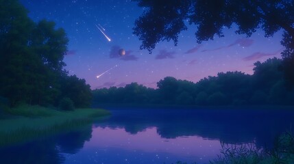 Leinwandbilder - Serene twilight landscape featuring a calm lake reflecting a purple and blue sky, lush green trees lining the shore, and a shooting star streaking across the night sky. Pixel art style