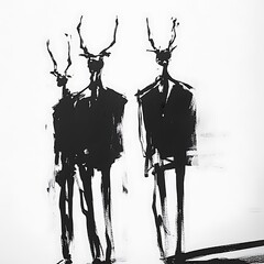Poster - Black and white illustration of two anthropomorphic deer figures in suits, standing against a light background. The style is expressive and slightly abstract, with the figures rendered with bold