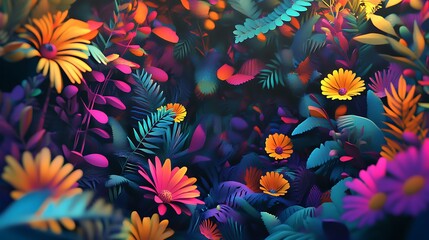 Poster - Vibrant digital illustration of a lush garden filled with colorful flowers and tropical leaves. The image features a variety of warm and cool colors, including oranges, yellows, pinks, purples, and
