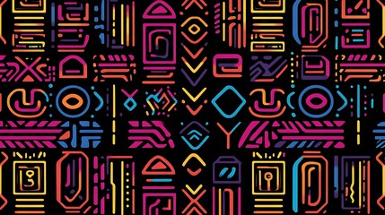 Poster - Vibrant geometric pattern with multicolored shapes on black background. The design features bold lines, pixelated shapes, and a mix of abstract and symbolic motifs.  It has a modern and energetic