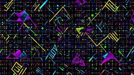 Poster - Abstract geometric pattern with vibrant neon colors on a black background. The design features various shapes like triangles, lines, and dots arranged on a grid. It evokes a retro 80s aesthetic