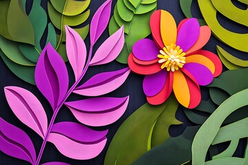 Poster - Vibrant paper flowers and leaves in shades of pink, purple, orange, and green arranged on a dark background. The image features a layered, textured style, suggesting depth and dimension.  The colors