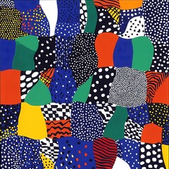 Poster - Abstract artwork featuring a vibrant patchwork of shapes and patterns in various colors, including bold blues, reds, yellows, and greens. The style is playful and energetic, with a mix of geometric