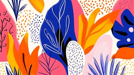 Poster - Vibrant illustration featuring stylized leaves in shades of pink, orange, blue, and white. The background is a mix of dots and textures. The overall style is modern and playful