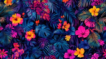 Poster - Vibrant tropical floral pattern with hibiscus and monstera leaves in neon pink, orange, and blue hues. Dark background enhances the bright colors. Seamless repeat pattern ideal for textile prints or