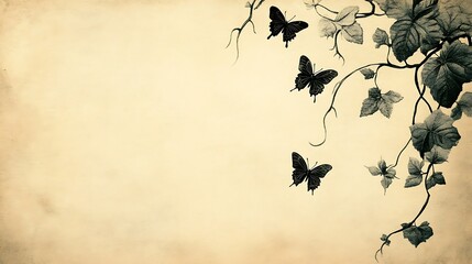 Poster - Vintage background with black butterflies and gray leaves on a beige textured paper. The design is elegant and simple, featuring a monochromatic color scheme and delicate details.  The butterflies