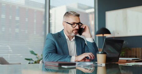 Aufkleber - Office, businessman and phone call with laptop for discussion, accountant and audit report. Career, mature person and auditor with mobile for communication, financial research and investment review
