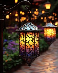 Poster - Elegant street lamp on a tall pole illuminating the night with a soft warm glow in urban setting