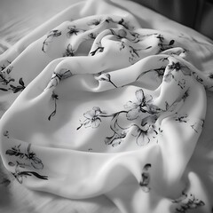 Poster - Close up view of white fabric with a black floral print, softly draped and textured. The lighting is soft and diffused, highlighting the delicate details of the pattern and the flowing nature of the