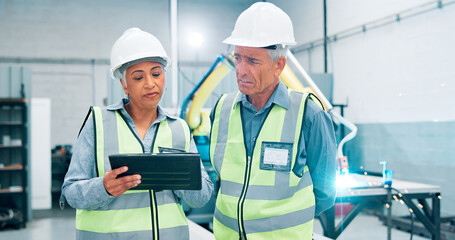 Poster - People, robotics and teamwork in lab, tablet and conversation with online schedule. Employees, engineering and workers in factory, technician and meeting with digital app, design review or inspection