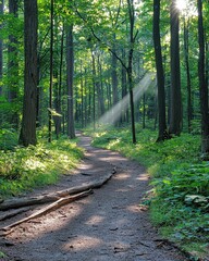 Poster - Lush green forest scene with tall trees and sunlight filtering through the canopy above
