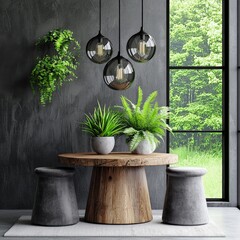 Poster - Charming table decorated with a lush green plant adding life to the indoor or outdoor space