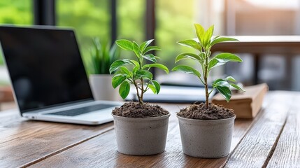 Poster - Two potted plants on a table with a laptop in the background creating a lively workspace atmosphere