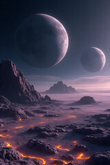 Wall Mural - Alien moon surface with unusual terrain, glowing mineral fields, a planet with rings rising in the sky