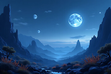Wall Mural - sci-fi alien landscape with glowing bioluminescent plants, multiple moons in the sky, surreal rock f