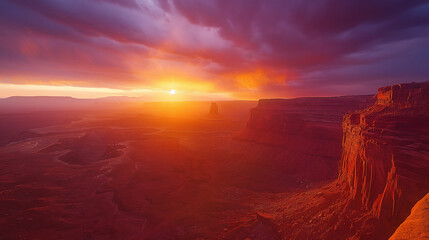 Wall Mural - A sunset over a desert landscape with a mountain in the background